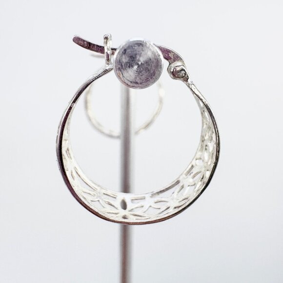 VTG Sterling Silver 925 Open Floral Design Hoop Earrings Size 0.75" Diameter - Picture 2 of 8